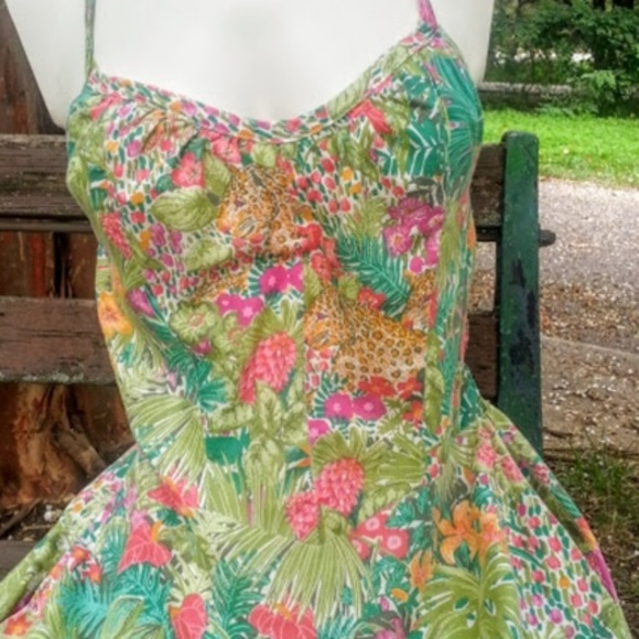 Vintage jungle print A-line halter dress greenpink *HP* - Picture 6 of 8